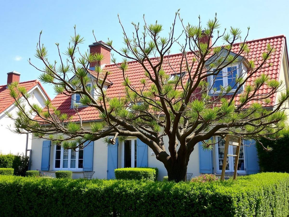 Arbre fraîchement élagué devant une maison avec haie taillée